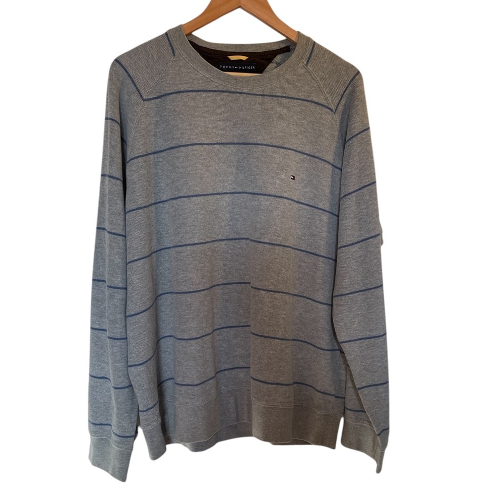 TOMMY HILFIGER Gray/Blue Nautical Stripe 100% Cotton Pullover Sweater - Size XL